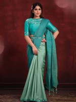 Shaded Turquoise Crepe Georgette Silk Saree With Stitched Blouse